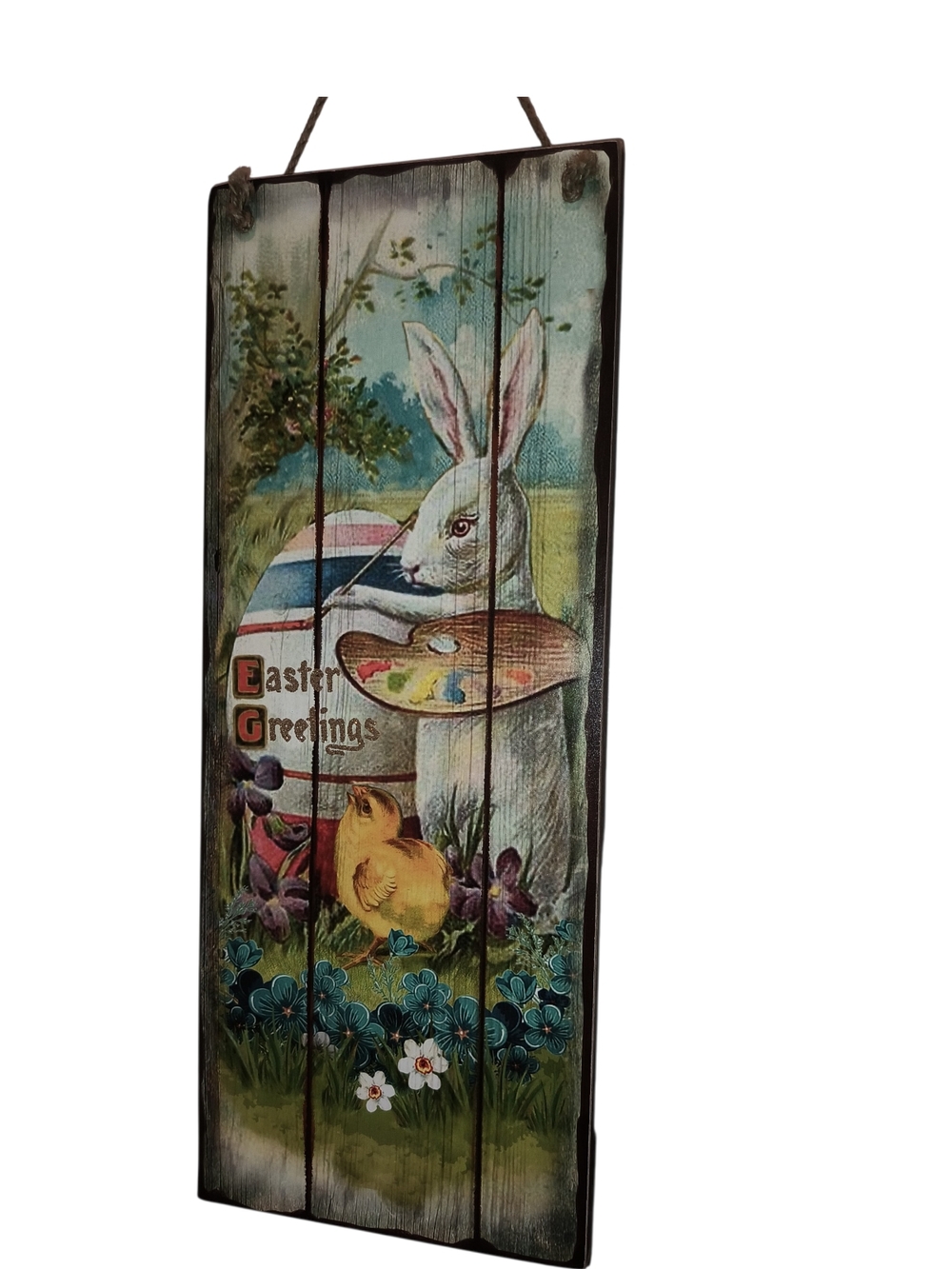 Easter Bunny & Chick Wooden Wall Plaque - White, Yellow, Blue